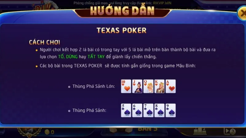 Luật chơi Texas Poker tại Rikvip được hiển thị rõ ràng