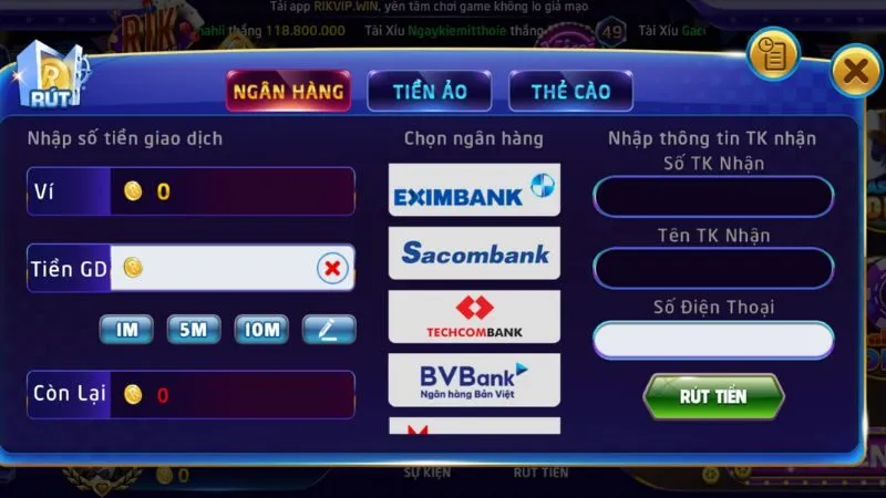 Người chơi dễ dàng thực hiện rút tiền tại Rikvip