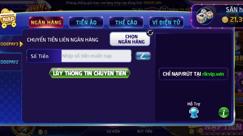 Rikvip cho phép nạp tiền bằng nhiều phương thức thanh toán